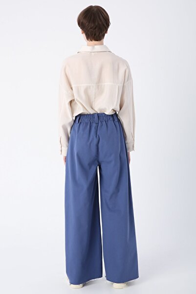 ALLDAY Blue Cotton Ribbed Wide Leg Trousers with Tassels