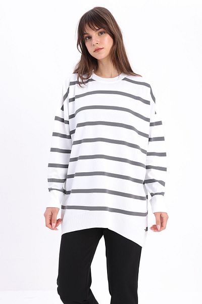 ALLDAY Ecru-Grey Crew Neck Striped Knitwear Tunic