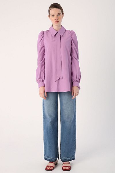 ALLDAY Lilac-Neck Scarf Detailed Sleeve Drawstring Tunic