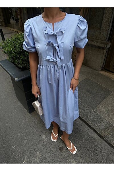 manana fashion Ice Blue Poplin Φιόγκος Λεπτομέρεια Ειδικού Σχεδιασμού Κοντό μανίκι μακρύ φόρεμα