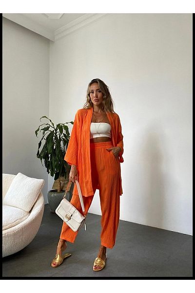 manana fashion Narancssárga Seersucker kimonó nadrág szett