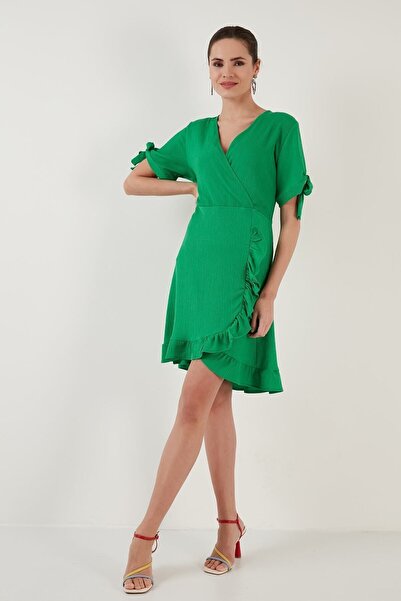 Lela Fırfırlı Kruvaze Yaka Kısa Kollu Krinkıl Esnek Elbise Elbise 5865016