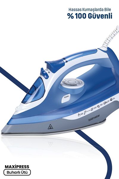 GOLDMASTER Maxipress Blue 2200 Watt Ceramic Soleplate 160 gr Shock Steam Iron
