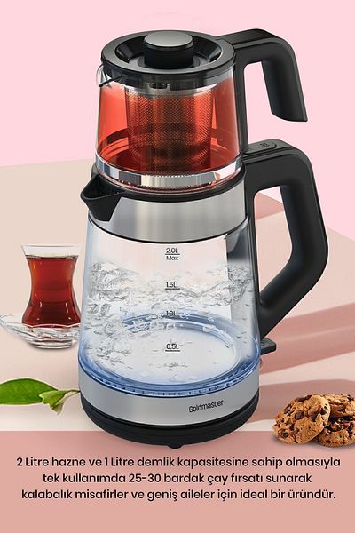 GOLDMASTER Inox Yenidem - German Schott Glass Tea Machine with Large Chamber and Teapot and Led Kettle
