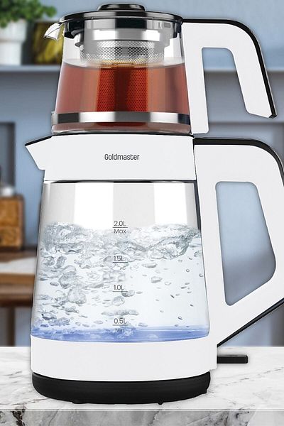GOLDMASTER Çınar White Large Chamber with Teapot German Schott Glass Tea Maker and Water Heater with LED Light