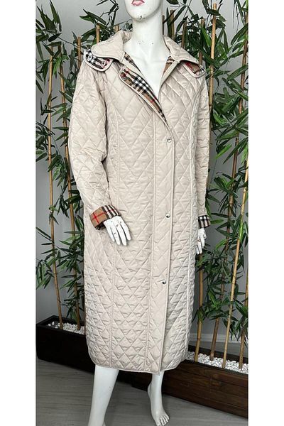 VETRE Women's Large Size Plaid 120 Cm Seasonal Light Beige Quilted Coat 1042