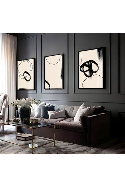 Harikabirev HARİKABİREV | COMBINAT DE LINIȚI ABSTRACTE NEGRU-CREMĂ | TABLO DE STICLA CU CADRU 3 PIESE VERTICAL