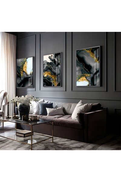 Harikabirev HARİKABİREV | COMBINAT ABSTRACT GRI-ALB-AUR 01 | TABLO DE STICLA CU CADRU 3 PIESE VERTICAL