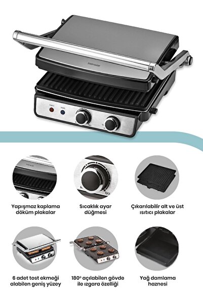 GOLDMASTER Royal Inox Paslanmaz Çelik 2000 Watt Döküm Çıkarılabilir Plakalı Isı Ayarlı Tost Ve Izgara Makinesi