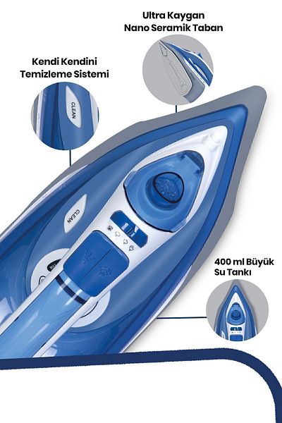 GOLDMASTER Maxipress Blue 2200 Watt Ceramic Soleplate 160 gr Shock Steam Iron
