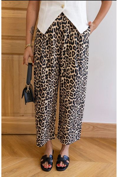 DUSOHOME Pantaloni leopard cu picioare largi - culoare maro, detaliu cu cleme în față