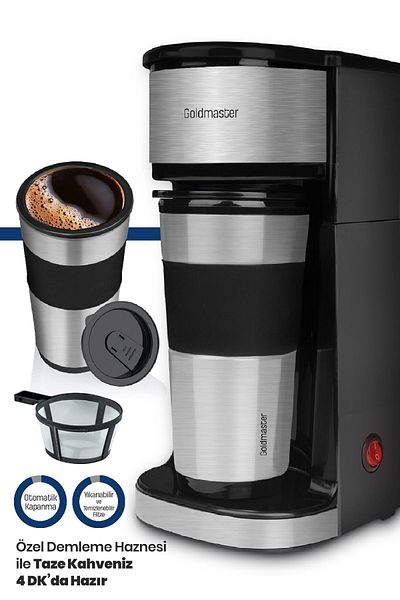 GOLDMASTER Inox Thermos for Travel - Coffee Machine with Cup and Filter, Laptop Notebook Bag Gift
