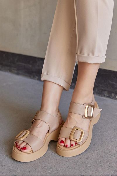 NILUFARR Albania Nude Genuine Leather Gold Buckle Women's Sandals