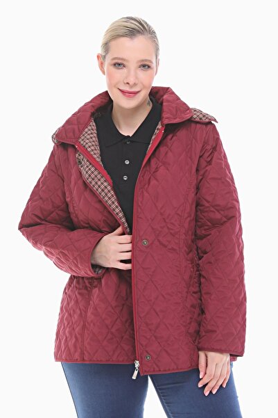VETRE Women's Large Size Plaid 75 Cm Seasonal Claret Red Quilted Coat 1024