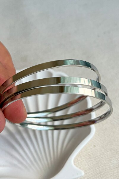 MODA Caprea Çelik Ajda Üçlü Yassı Kadın Bilezik Kararmaz Gümüş Renkli Üçlü Kadın Bileklik XBLZ