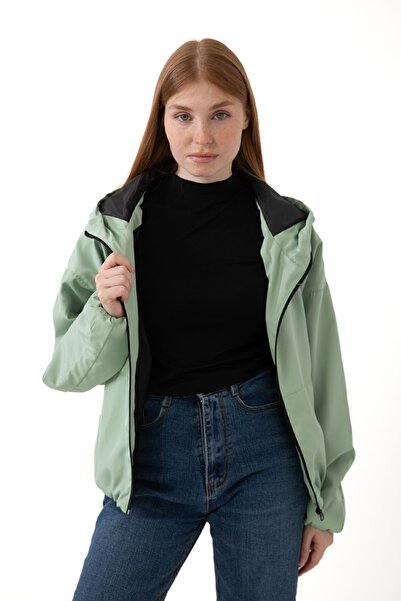 Firststops Women's Water Green Hooded Windproof Seasonal Raincoat Offering Elegance and Comfort