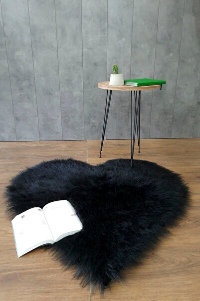 Bonny Home Kürk Halı Kalp Siyah Puf Peluş Post Tüylü Dekoratif Puffy Kaymaz M...