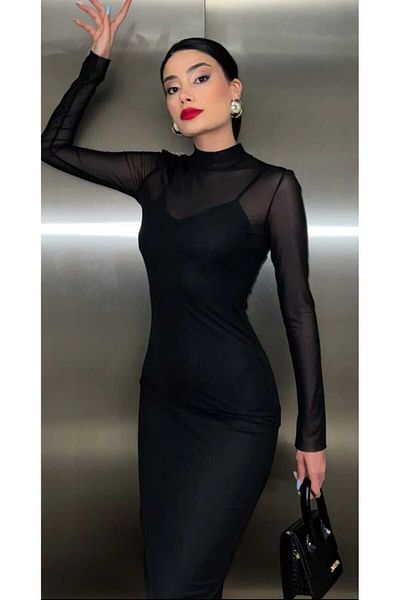 LEYLA SAĞLAM Black Tulle Half Turtleneck Long Sleeve Evening Dress - Lined