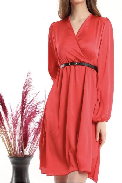 NKTCOLLECTİON Women's Red Belted New Season Stylish Design Satin Fabric Dress