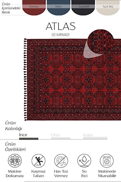 Cool Halı Atlas 02 Kırmızı Mutfak Halısı Yıkanabilir Halı Kaymaz Taban Yolluk Afgan Halısı Salon Halısı