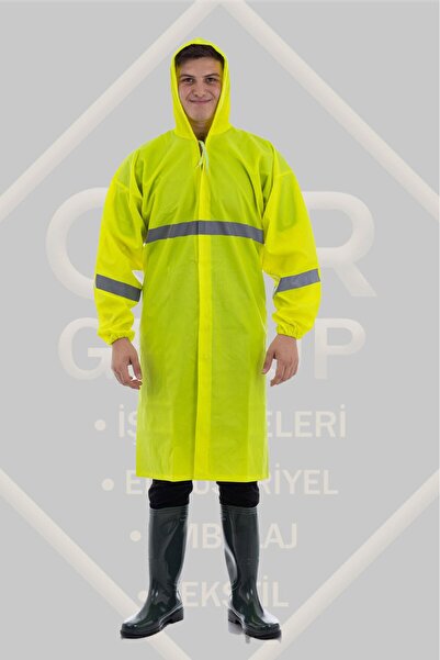 Reflektörlü Su Geçirmez Yüksek Kalite PVC Yüksek Görünürlüklü Neon Sarı Uzun Yağmurluk Pardösü