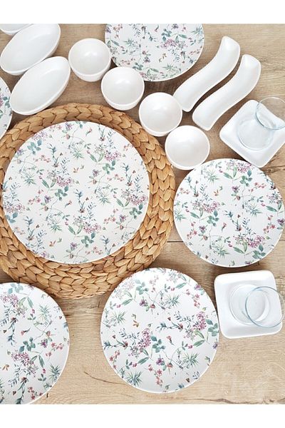 Keramika Flowers Matte White Breakfast Set 29 Pieces for 6 People
