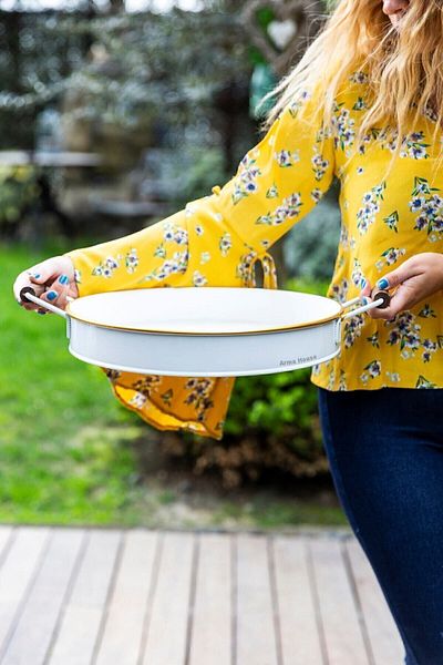 Arma House Gold Edged White Country Style Large Size Tray with Wooden Handle 35 Cm