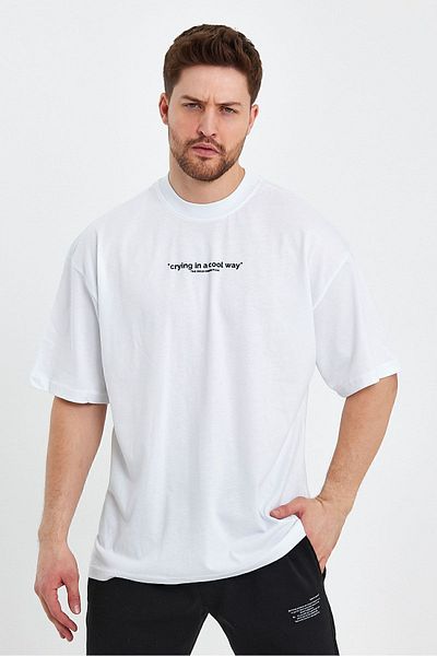 THE RULE Tricou alb, cu textura moale, 100% bumbac, cu croială largă, cu decolteu rotund, cu imprimeu plâns