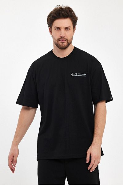 THE RULE Ανδρικό μπλουζάκι Simplicity με στάμπα Oversize 100% βαμβακερό φαρδύ φαρδύ κομμένο λαιμόκοψη φαρδύ μαύρο μπλουζάκι