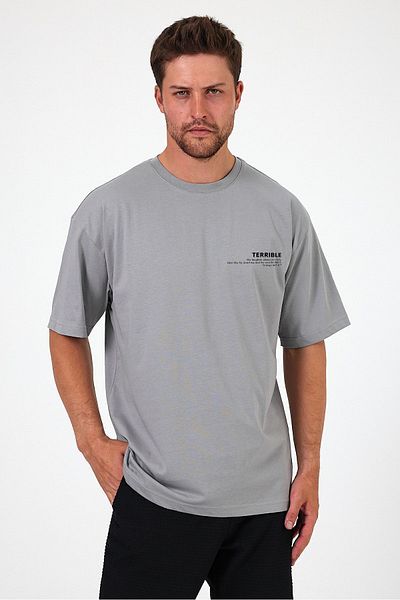 THE RULE Ανδρικό μπλουζάκι Ice Grey Oversize Loose Cut Crew Neck 100% βαμβακερό μπλουζάκι με στάμπα