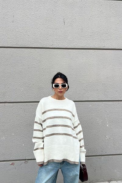 Seda Yalçın Atelier Oversize Ecru Brown Striped Knitwear Sweater