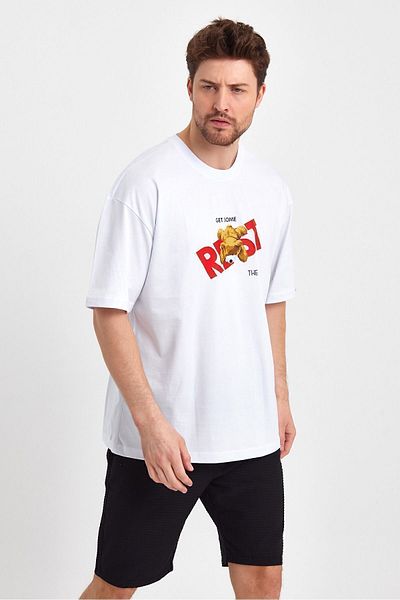 THE RULE Ανδρικό αρκουδάκι με στάμπα Oversize 100% βαμβακερό φαρδύ φαρδύ λαιμόκοψη με απαλή υφή λευκό μπλουζάκι