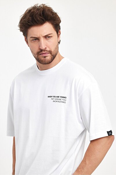THE RULE Чоловічий принтований оверсайз футболка з широким кроєм, 100% бавовна, білий колір, круглий виріз, вільний крій.
