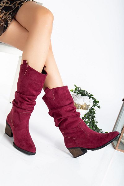 ÜNAL ÖZER Burgundy Suede Western Women's Boots - Gusseted, Un001-0170