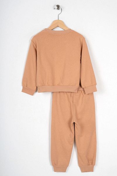 zepkids Crew Neck Long Sleeve Beige Color Boy's Tracksuit Set with Teddy Bear