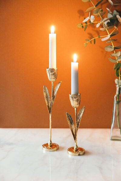 Arma House 2'li Elegant Botanica Altın Yapraklı Şamdan Seti