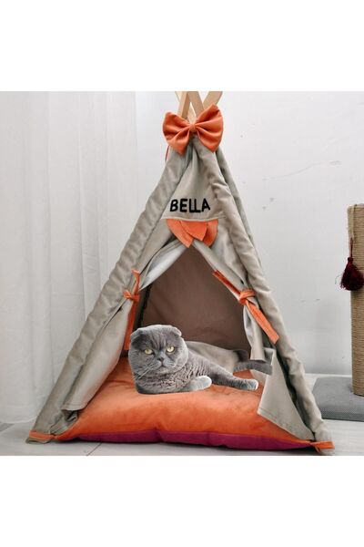 Mavi Vitrin İsme Özel Yıkanabilir Soft Kedi Ve Köpek Çadırı 60x60