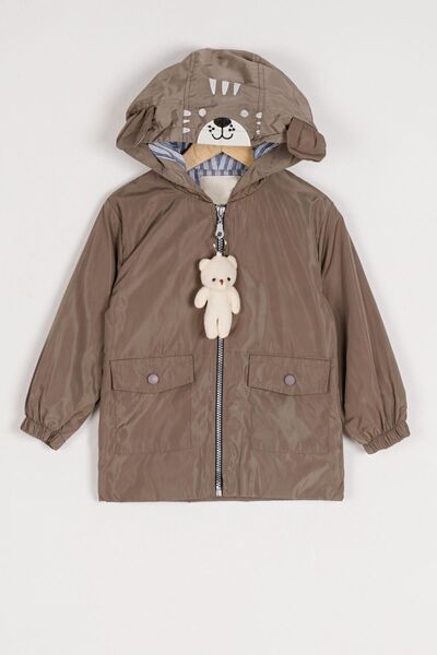 zepkids Beige Colored Boy's Raincoat with Hooded Long Sleeve Zipper and Teddy Bear Accessory