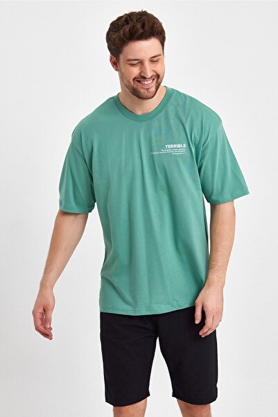 THE RULE Ανδρικό μπλουζάκι με άσχημο εμπριμέ, 100% βαμβακερό, φαρδύ, φαρδύ κομμένο λαιμόκοψη με απαλή υφή μέντας