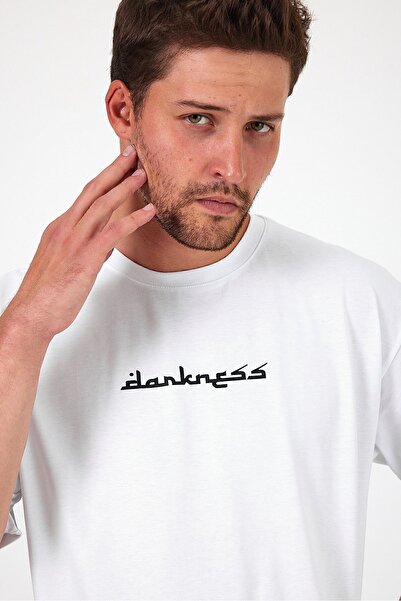 THE RULE Men's Darkness Back Printed Oversize 100% Cotton Loose Wide Cut Crew Neck Casual White T-Shirt