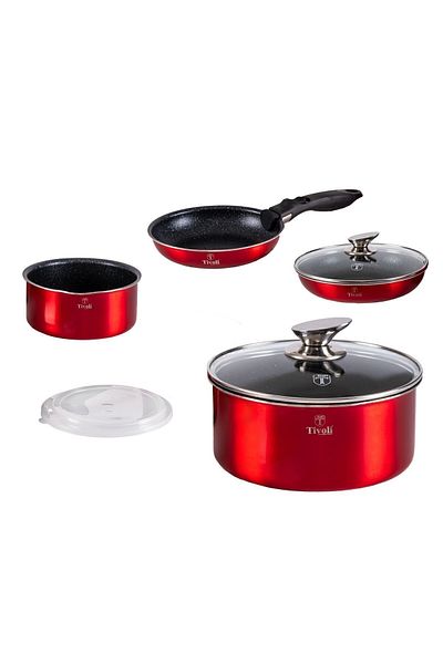 TİVOLİ 9 Piece Red Pot Set - Metallic Line Granite, Removable Handle