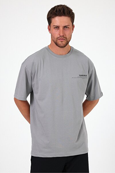 THE RULE Ανδρικό μπλουζάκι Ice Grey Oversize Loose Cut Crew Neck 100% βαμβακερό μπλουζάκι με στάμπα