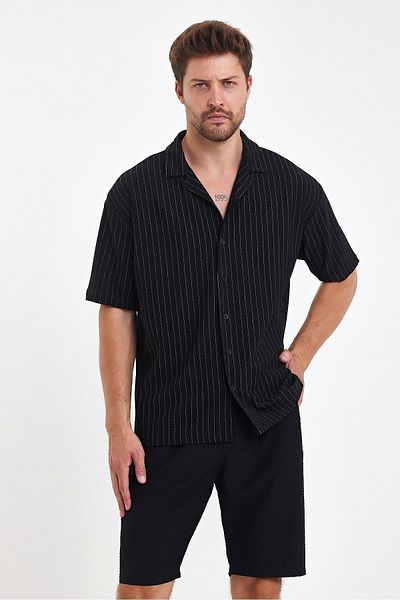 THE RULE Black Thin Striped Oversize Summer Shirt - Short Sleeve, Comfortable Fit