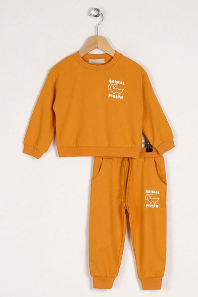 zepkids Crew Neck Long Sleeve Animal Person Printed Mustard Color Boy's Tracksuit Set