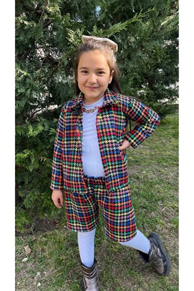 AKİF GİYİM طقم تنورة وسترة ملونة بأكمام طويلة بنمط قوس قزح للفتيات