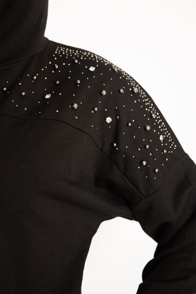 Şans Women's Large Size Black Front Zipper Stone Detailed Hooded Sweatshirt Trousers Set 65n28091