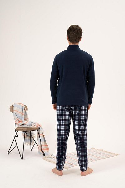 Estiva Men's Winter Zippered Collar Checkered Bottom Fleece Pajama Set Navy Blue