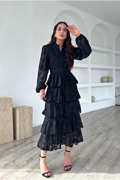 Afiş Butik Siyah Çiçek Desenli Fisto Kat Etekli Kuşaklı Uzun Elbise