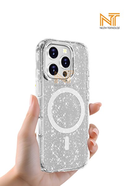 Nezih Case Apple iPhone 16 Pro Max Magsafe Şarj Özellikli Parlayan Simli Sayd...