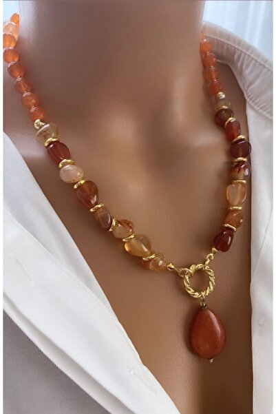 TARZ-I TAKI Doğal Taş Turuncu Akik Taşı Tımbıl Kesim Ve Taş Kolye Ucu Tasarım Kadın Kolye Özel Hediye